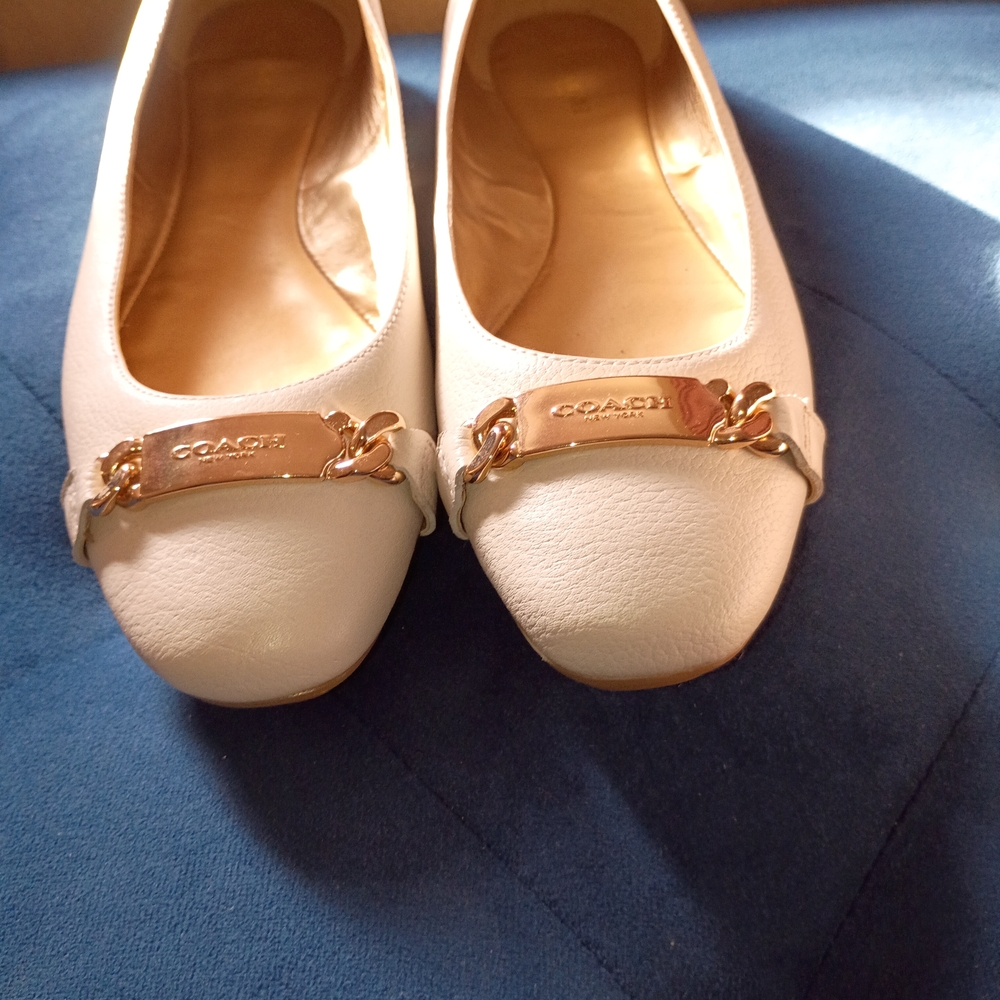 COACH Women's White Ballet Flats with Gold Accent